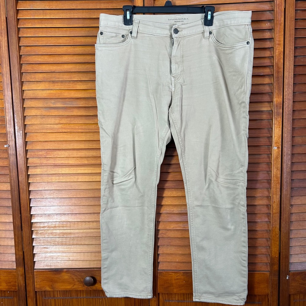 Banana‎ Republic Traveler Pants Mens 36/30 Khaki Tan Slim Straight Chino Jeans